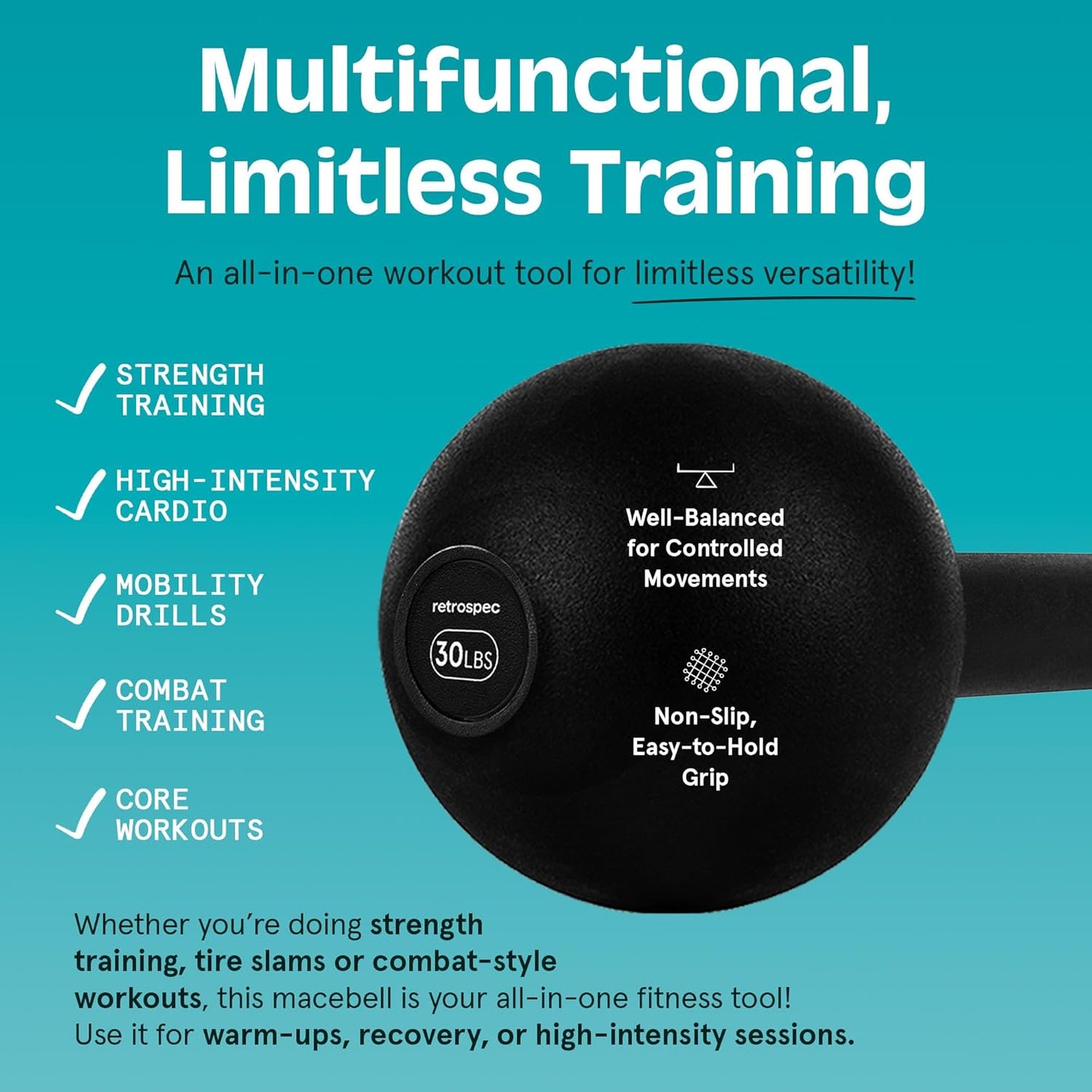 Retrospec Revolve Steel Macebell for Strength Training, Rehabilitation, Stretching, Conditioning and Rotational Training - 5, 7, 10, 15, 20, 30Lb Options for Women & Men