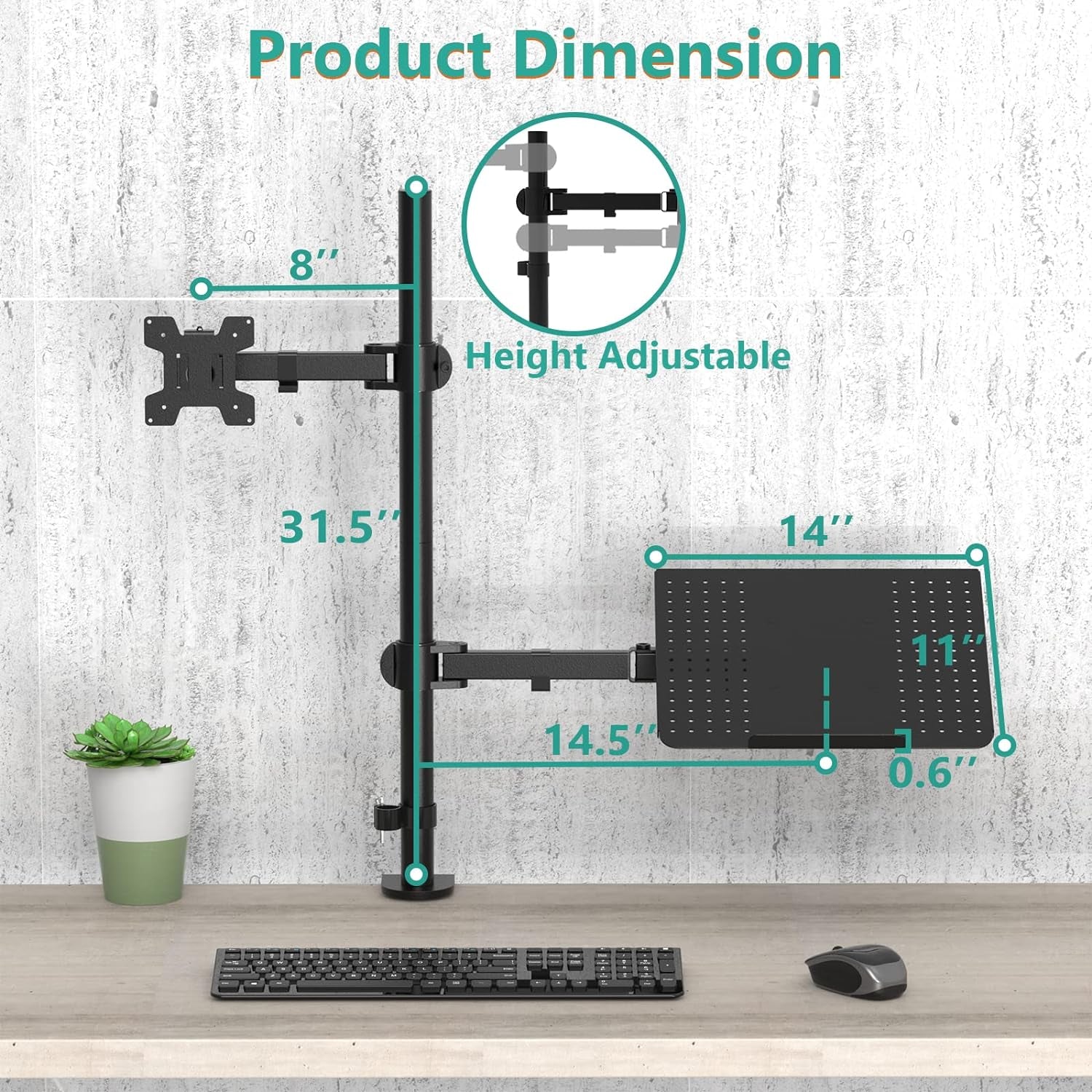 WALI Laptop and Monitor Mount Stand, Extra Tall Single Monitor Desk Mount with Tray for 1 Laptop Notebook up to 17 Inch and 1 LCD Monitor Mount up to 32 Inch, Weight up to 22Lbs (M001XLLP), Black