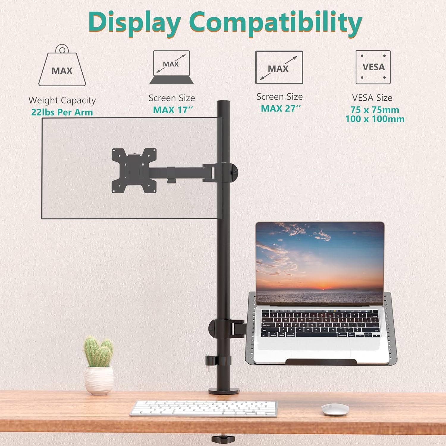 WALI Laptop and Monitor Mount Stand, Extra Tall Single Monitor Desk Mount with Tray for 1 Laptop Notebook up to 17 Inch and 1 LCD Monitor Mount up to 32 Inch, Weight up to 22Lbs (M001XLLP), Black
