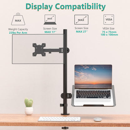 WALI Laptop and Monitor Mount Stand, Extra Tall Single Monitor Desk Mount with Tray for 1 Laptop Notebook up to 17 Inch and 1 LCD Monitor Mount up to 32 Inch, Weight up to 22Lbs (M001XLLP), Black