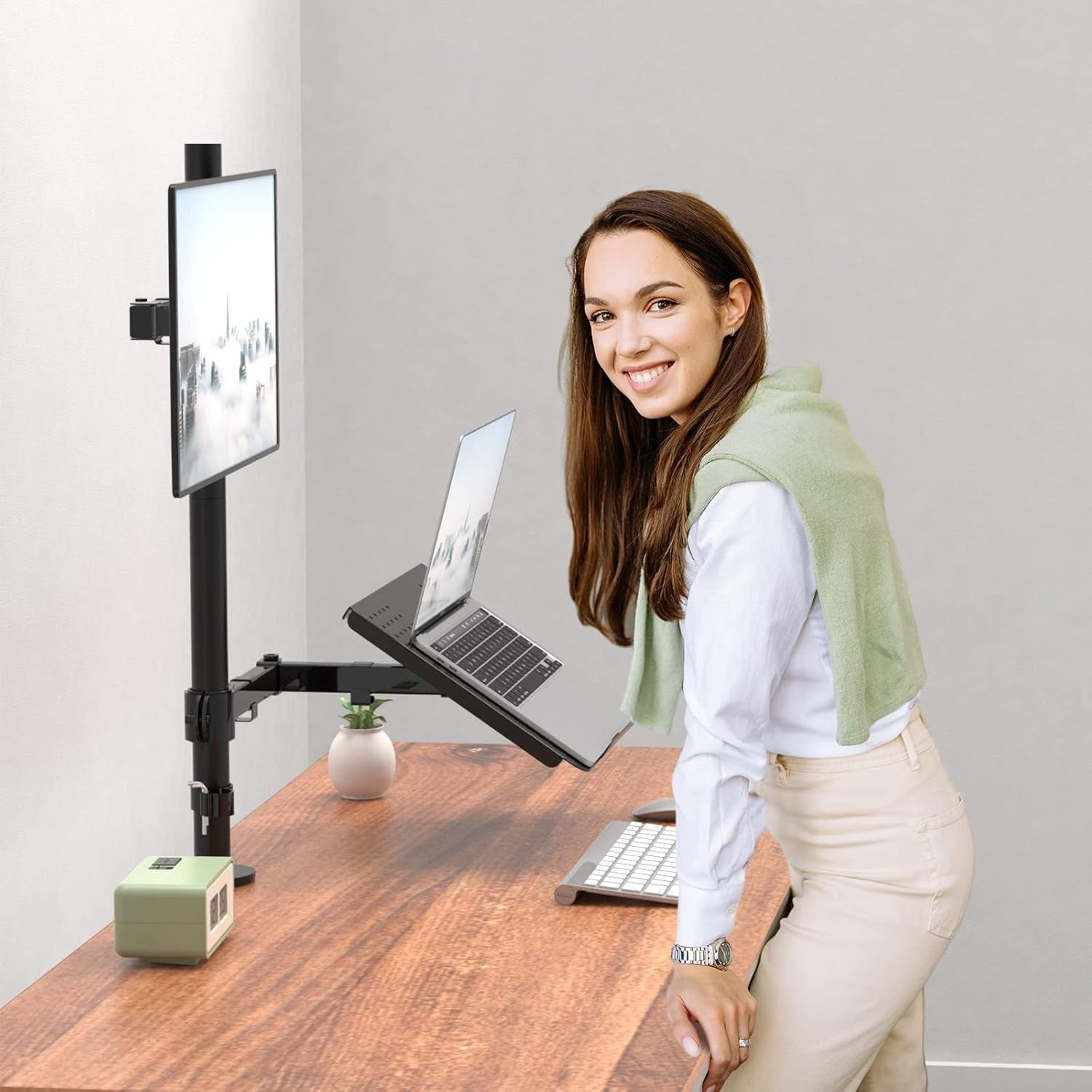 WALI Laptop and Monitor Mount Stand, Extra Tall Single Monitor Desk Mount with Tray for 1 Laptop Notebook up to 17 Inch and 1 LCD Monitor Mount up to 32 Inch, Weight up to 22Lbs (M001XLLP), Black