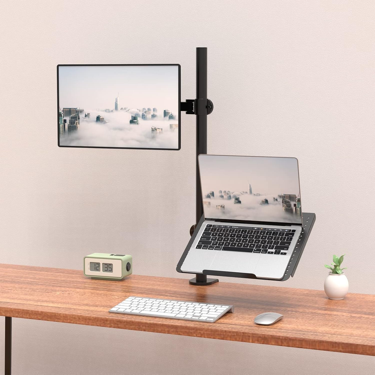 WALI Laptop and Monitor Mount Stand, Extra Tall Single Monitor Desk Mount with Tray for 1 Laptop Notebook up to 17 Inch and 1 LCD Monitor Mount up to 32 Inch, Weight up to 22Lbs (M001XLLP), Black