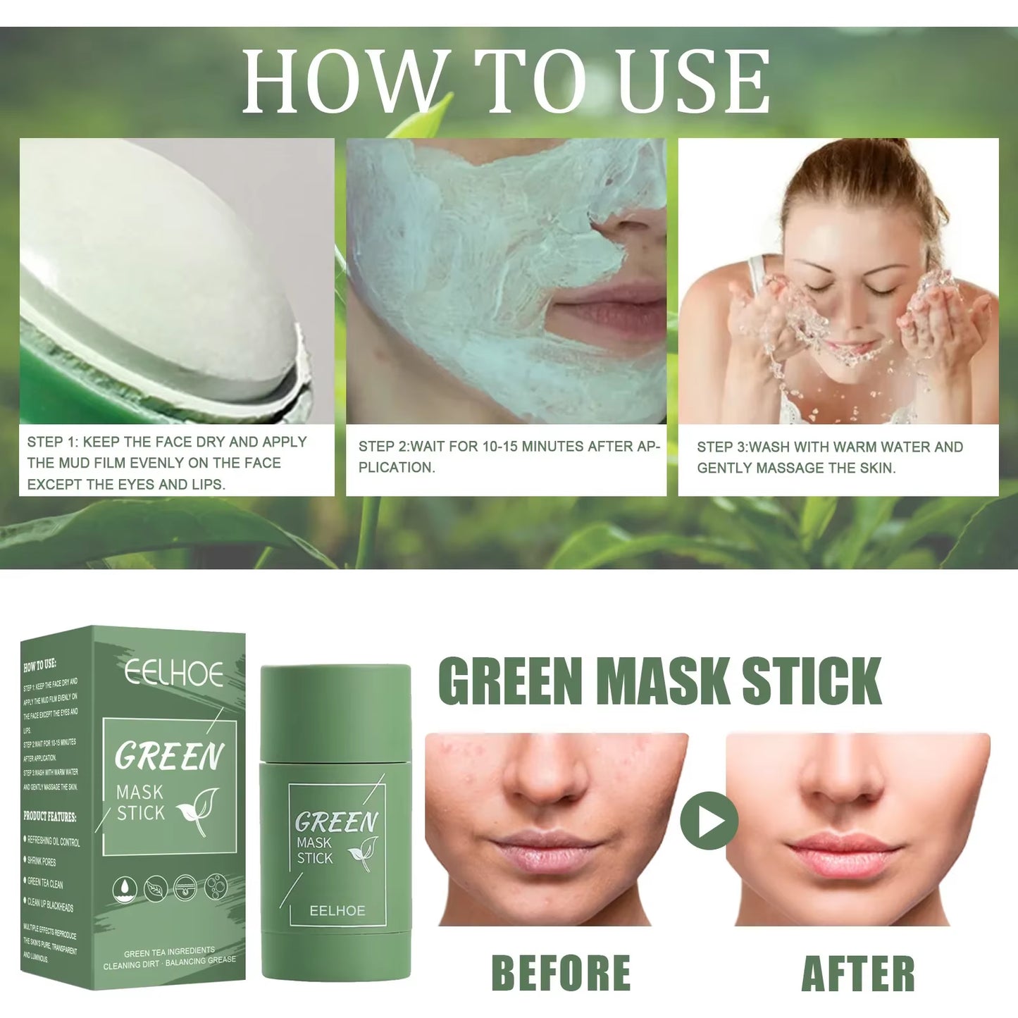 Hydrating Facial Mask Green Tea Cleanser Facial Mask Stick Facial Mask Shrinks Pores Deep Blackhead Facial Mask Cleanser