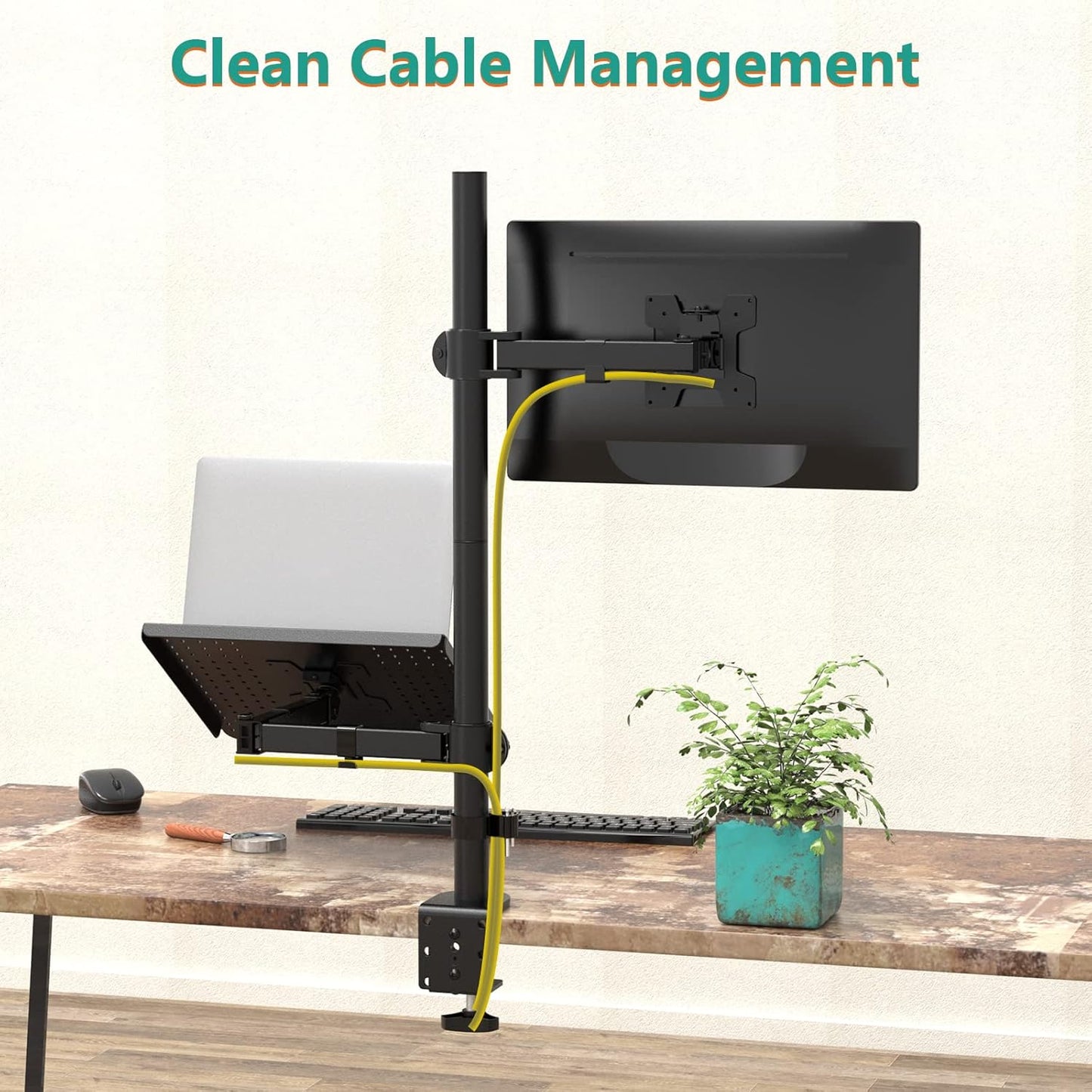 WALI Laptop and Monitor Mount Stand, Extra Tall Single Monitor Desk Mount with Tray for 1 Laptop Notebook up to 17 Inch and 1 LCD Monitor Mount up to 32 Inch, Weight up to 22Lbs (M001XLLP), Black