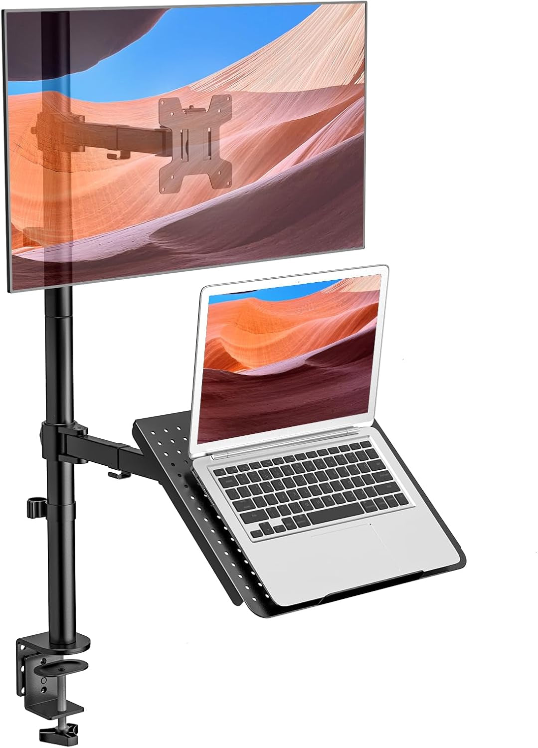 WALI Laptop and Monitor Mount Stand, Extra Tall Single Monitor Desk Mount with Tray for 1 Laptop Notebook up to 17 Inch and 1 LCD Monitor Mount up to 32 Inch, Weight up to 22Lbs (M001XLLP), Black