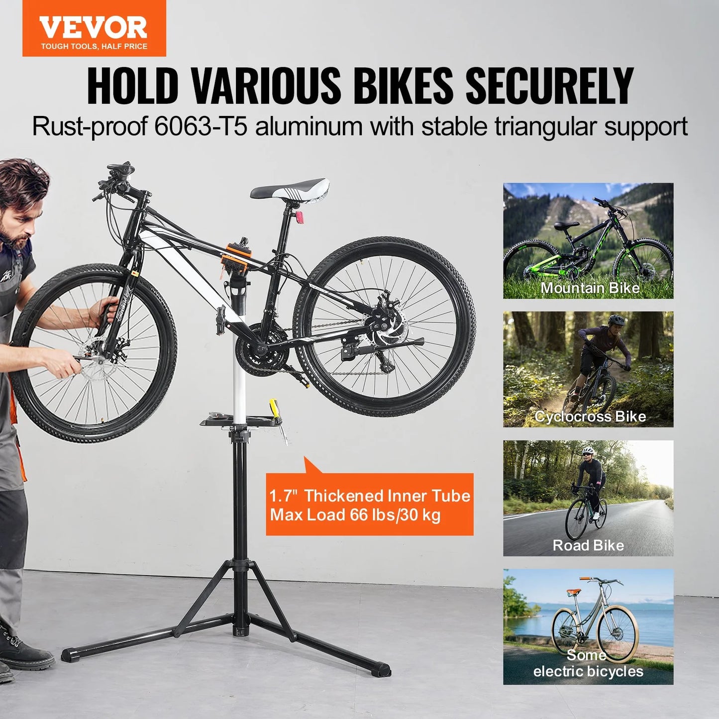 VEVOR Bike Repair Stand, 66 Lbs Heavy-Duty Aluminum Bicycle Repair Stand, Adjustable Height Bike Maintenance Workstand with Magnetic Tool Tray Telescopic Arm, Foldable Bike Work Stand for Home, Shops